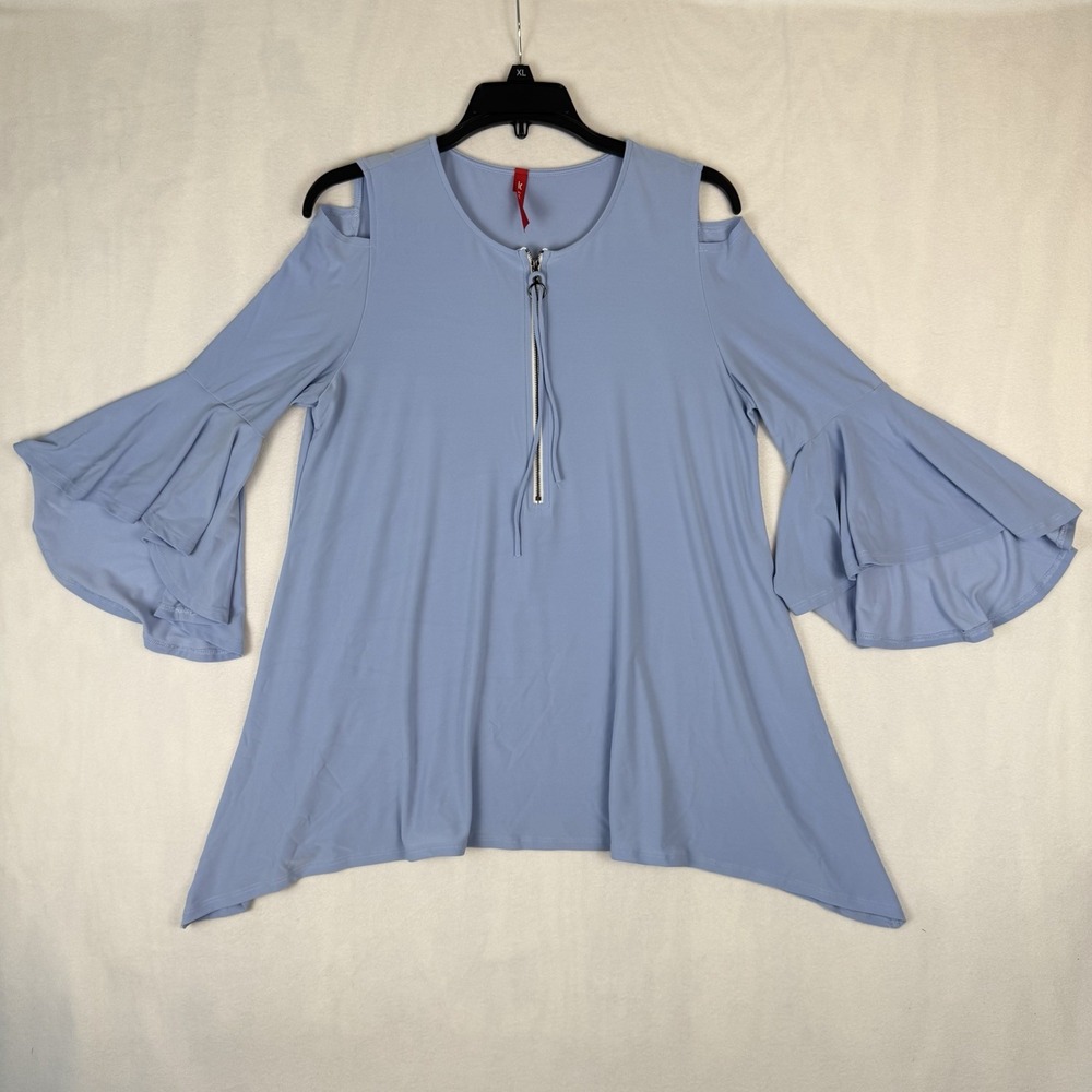 IC By Connie K Tunic Top Women's Small Bell Sleeve Cold Shoulder Zipper Blue